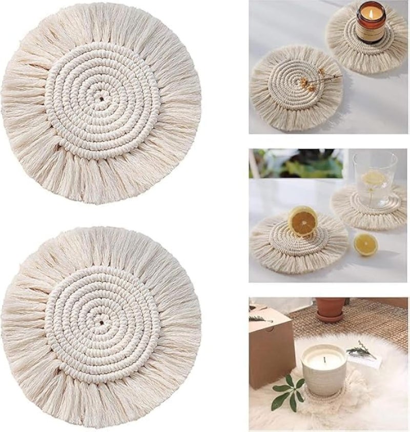 قواعد أكواب مصنوعة يدوياً من المكرمية، طقم من قطعتين، قواعد أكواب دائرية من القطن المنسوج، مفارش طاولة قهوة خشبية مقاومة للحرارة وماصة للحرارة، مناسبة للمنزل والمكتب وديكور المنزل الريفي (18 سم)